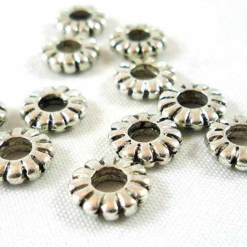 50 perles intercalaires, fleurs, métal argenté, 7mm(pm12) 