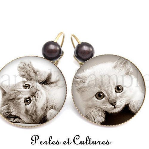 Boucles D Oreille Chat Noir Blanc Gris Chaton Cabochon Un Grand Marche