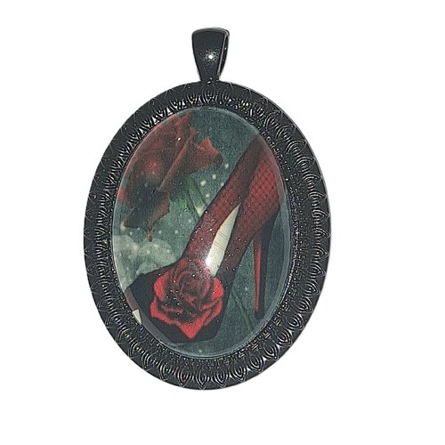 Pendentif ovale en métal et cabochon en verre 60x40 mm