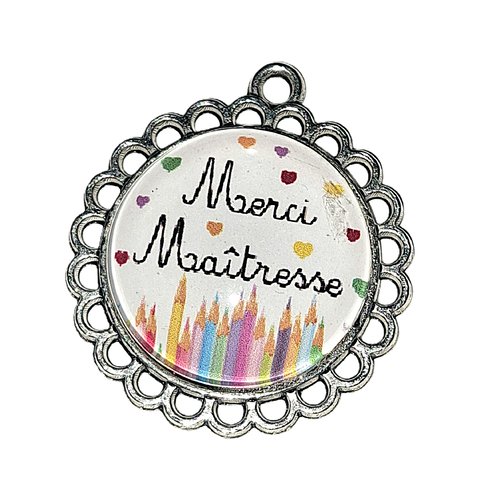 Pendentif en métal argenté vieilli et cabochon en verre bombé 20 mm