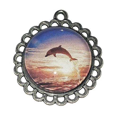 Pendentif support métal argenté et cabochon en verre bombé "dauphin"