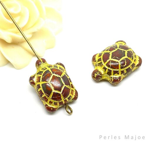Perles tchèques tortues en verre pressé picasso premium marron vert jaune patine dimensions 19 x 14 mm lot de 2 pièces