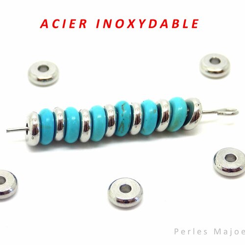 Perles rondelles en acier inoxydable, intercalaires, dimensions 6 x 2 mm, lot de 10