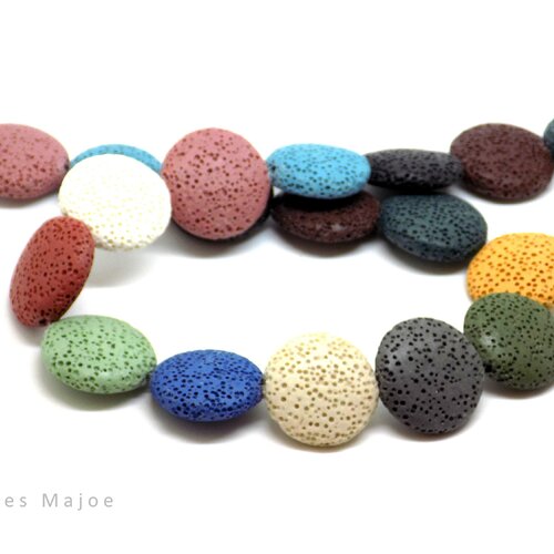 Perles de lave, rondes et plates, assortiment de couleurs, diamètre 20 mm, lot de 19 perles