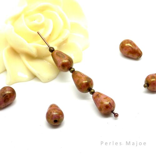 Perles tchèques goutte, picasso, verre pressé tons rose, marron, reflets jaune dimensions 9 x 6 mm, lot de 10