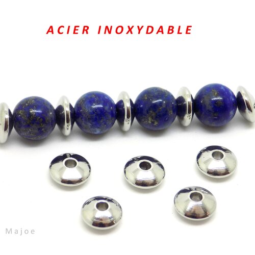 Perles rondelles en acier inoxydable, intercalaires, bombées, dimensions 8 x 3.5 mm, lot de 10