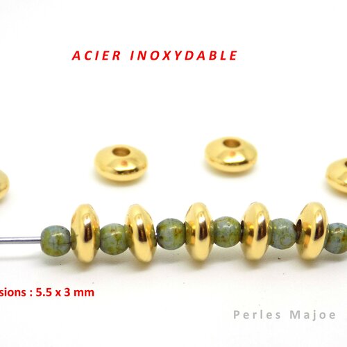 Perles rondelles en acier inoxydable, bombées, intercalaires, couleur or, dimensions 5.5 x 3 mm, lot de 10