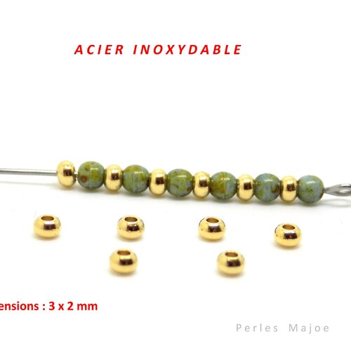 20 perles rondelles en acier inoxydable, couleur or, dimensions 3 x 2 mm