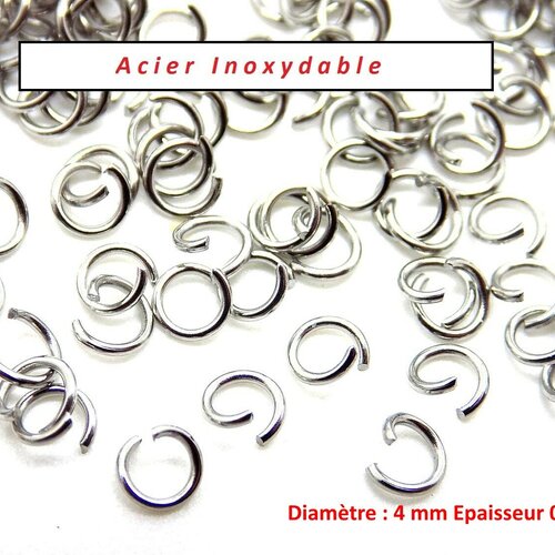 100 anneaux de jonction ouverts en acier inoxydable diamètre 4 mm epaisseur 0.8 mm