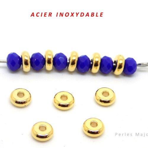 Perles rondelles en acier inoxydable, intercalaires, couleur or, dimensions 5 x 2 mm, lot de 10