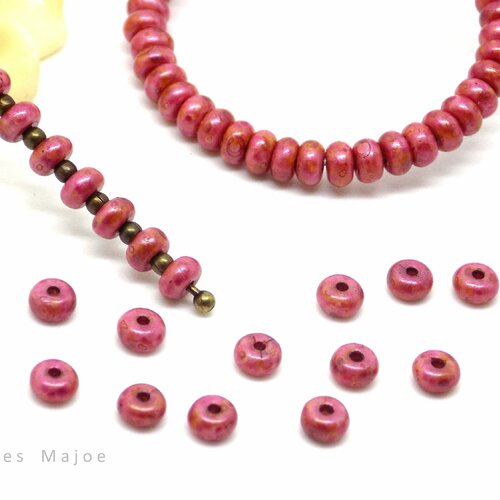 Perles tchèques rondelles, verre pressé, tons rose fuchsias, marron, diamètre 4 mm, lot de 30