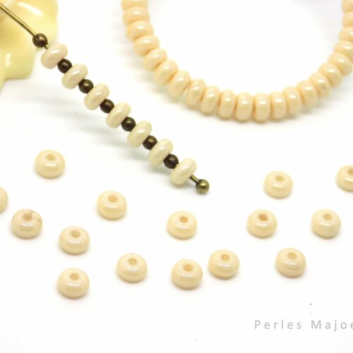 Perles tchèques rondelles, verre pressé, couleur crème, diamètre 4 mm, lot de 30