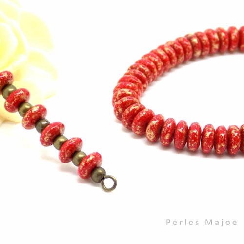 Perles tchèques rondelles, verre pressé picasso rouge mat et doré diamètre 6 mm lot de 30
