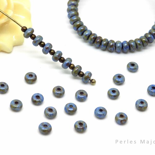 Perles tchèques rondelles, verre pressé, tons bleu, marron, vert, jaune, patine, diamètre 4 mm, lot de 30