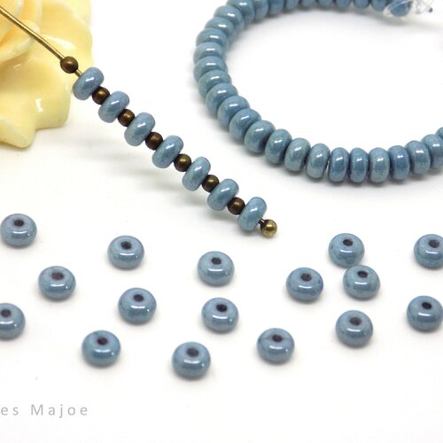 Perles tchèques rondelles, verre pressé, bleu, diamètre 4 mm, lot de 30