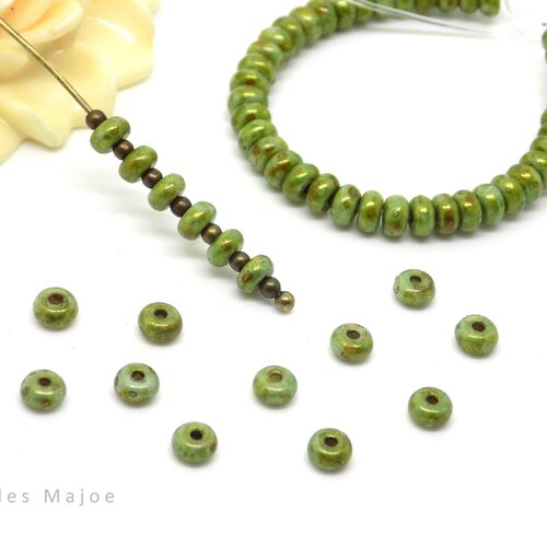 Perles tchèques rondelles, verre pressé, picasso, divers tons de vert, marron, diamètre 4 mm, lot de 30