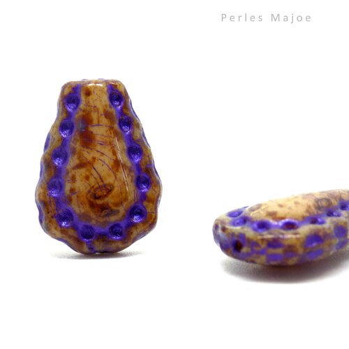 Perle tchèque goutte, larme de dentelle, verre pressé, picasso, tons, marrons, beige, violet, 17 x 12 mm, lot de 2