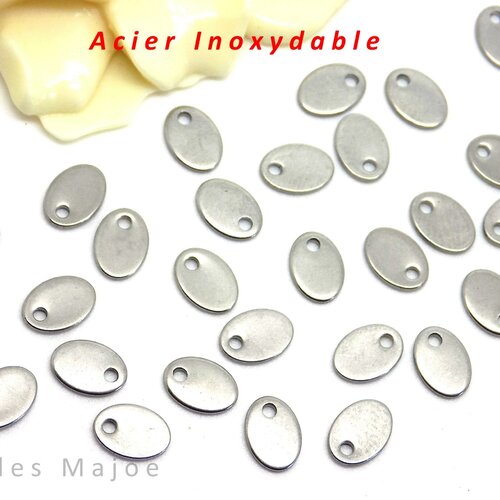 20 breloques ovales en acier inoxydable petites dimensions 7 x 5 x 0.6 mm