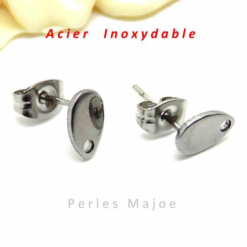 4 supports boucle d'oreilles puces forme ovale en acier inoxydable dimensions 8 x 5 mm
