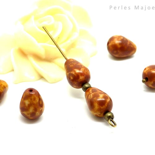 Perles tchèques goutte, verre pressé, picasso, divers tons marron, ivoire, dimensions 10 x 8 mm, lot de 6