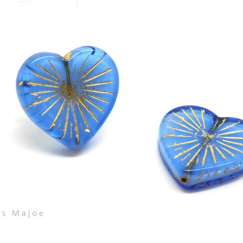 Perle tchèque coeur, en verre pressé, couleur bleu 2 tons, semi transparent, patine bronze, dimensions 22 mm,  lot de 2