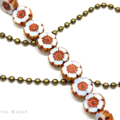 Perle tchèque fleur hawaïenne, verre pressé, blanc, contour et incrustation cuivrée, diamètre 8 mm, lot de 8