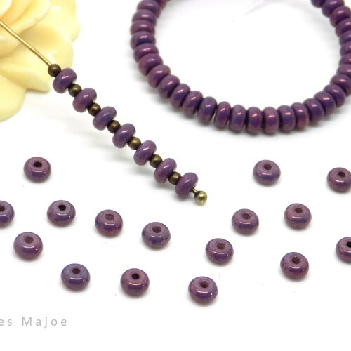 Perles tchèques rondelles, verre pressé, violet, diamètre 4 mm, lot de 30