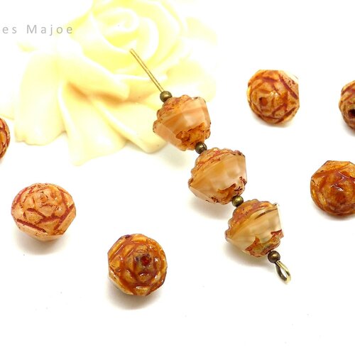 Perles tchèques rose, fleur, en verre picasso, tons ambre, ivoire, diamètre 10 mm, lot de 6