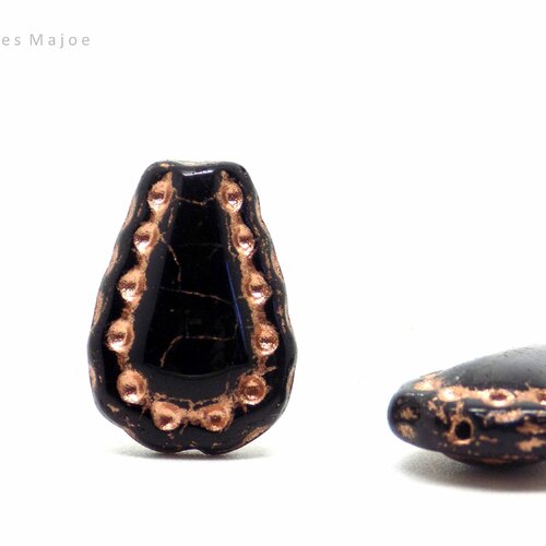 Perle tchèque goutte, larme de dentelle, verre pressé, noir, patine cuivrée, 17 x 12 mm, lot de 2