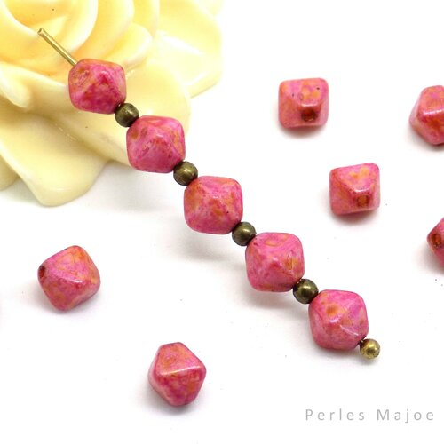 Perle tchèque bicone, en verre pressé, picasso, tons rose fuchsia, marron clair, patine, 6 x 6 mm, lot de 20