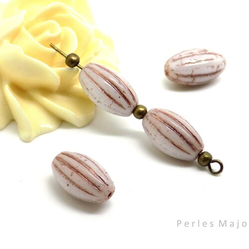 Perles tchèques ovales, melon, en verre pressé, blanche, patine bronze, 14 x 8 mm, lot de 4