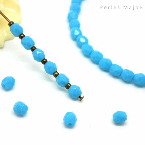 Perles tchèques à facettes, bleu turquoise, verre poli et lustré au feu, 4 mm, lot de 20