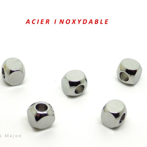 Perle cube, en acier inoxydable, dimensions 6 x 6 mm, lot de 6