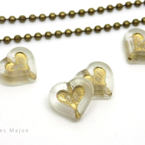 Perle coeur en verre tchèque, semi transparent, patine et incrustation or antique, 14 x 12 mm, lot de 4