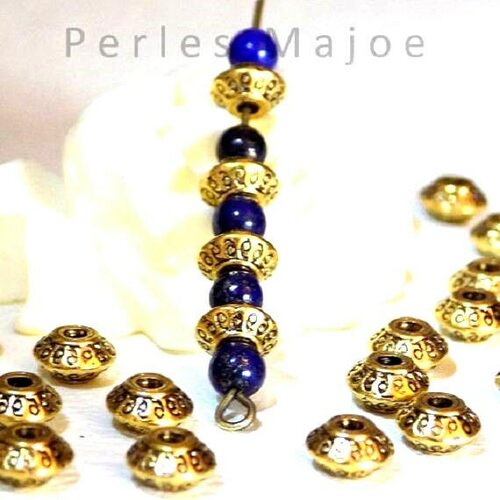 6 x perles toupie en métal décorées couleur or antique