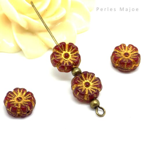 Perles tchèques hawaïennes, fleurs, verre bordeaux et patine bronze antique, 10 mm, lot de 6