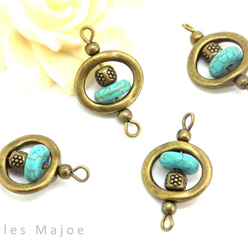 4 connecteurs bronze avec perles en turquoise et perle bronze décorée