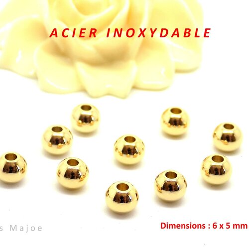 Perles rondes en acier inoxydable, couleur or, dimensions 6 x 5 mm, lot de 10