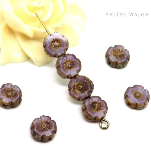 Perles tchèques fleur hawaïenne, verre pressé, couleur pourpre, patine bronze, diamètre 8 mm, lot de 10