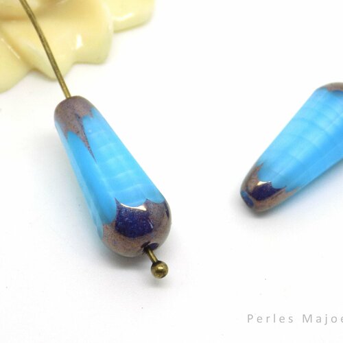 Perle tchèque goutte, verre poli au feu, opaque, tons bleu clair strié, cuivrée, 20 x 9 mm, lot de 4