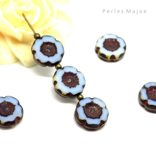 Perles tchèques fleur hawaïenne, verre pressé, tons bleu clair, cuivré, marron, 12mm, lot de 6