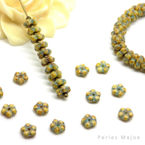 Perles tchèques fleur, daisy, verre pressé, opaque, picasso, tons miel, marron, turquoise, diamètre 5 mm, lot de 20