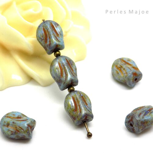 Perles tchèques tulipes, cloche, fleur, verre pressé, tons bleu effet grisé, vert, patine cuivre, 9 x 7 mm, lot de 10