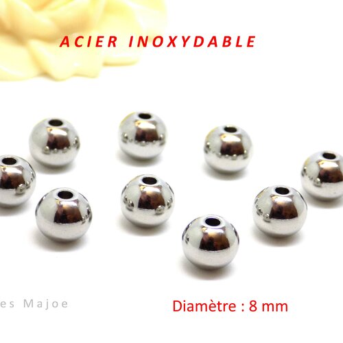 10 perles en acier inoxydable, rondes, dimensions 8 x 7 mm