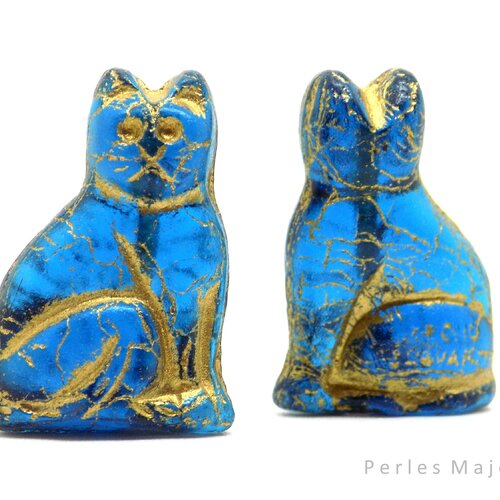 Perles tchèques chat, verre pressé transparent, bleu, patine bronze antique, lot de 2