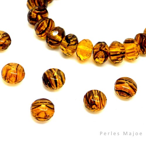 Perles tchèques rondelles, verre pressé, translucide, divers tons miel, ambre, marron, 7 x 5 mm, lot de 20
