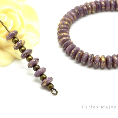 Perles tchèques rondelles, verre pressé picasso pourpre mat et doré diamètre 6 mm lot de 30