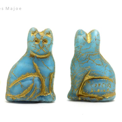 Perles tchèques chat, en verre pressé, artisanal, couleur bleu clair, patine bronze antique, lot de 2