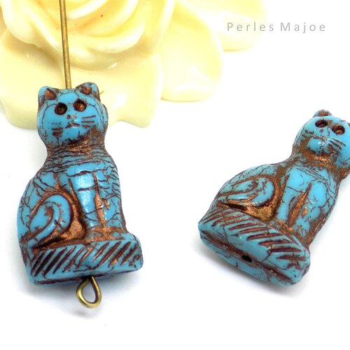 Perles tchèques chat sur panier, en verre pressé, artisanal,  bleu turquoise patine cuivrée, lot de 2