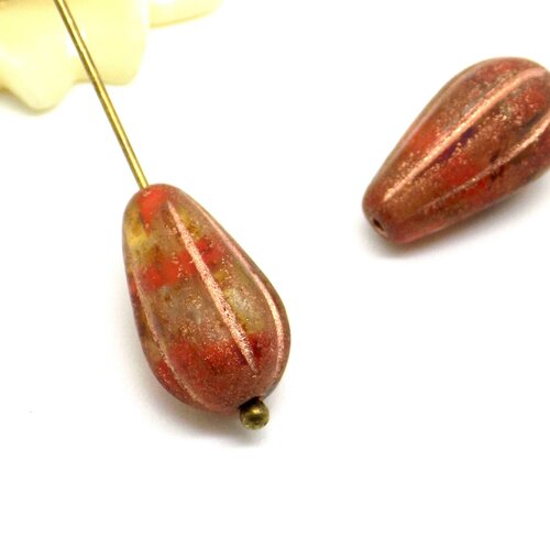 Perle goutte melon en verre tchèque picasso tons marron, métallique, rouge patine cuivrée 15 x 8 mm lot de 4